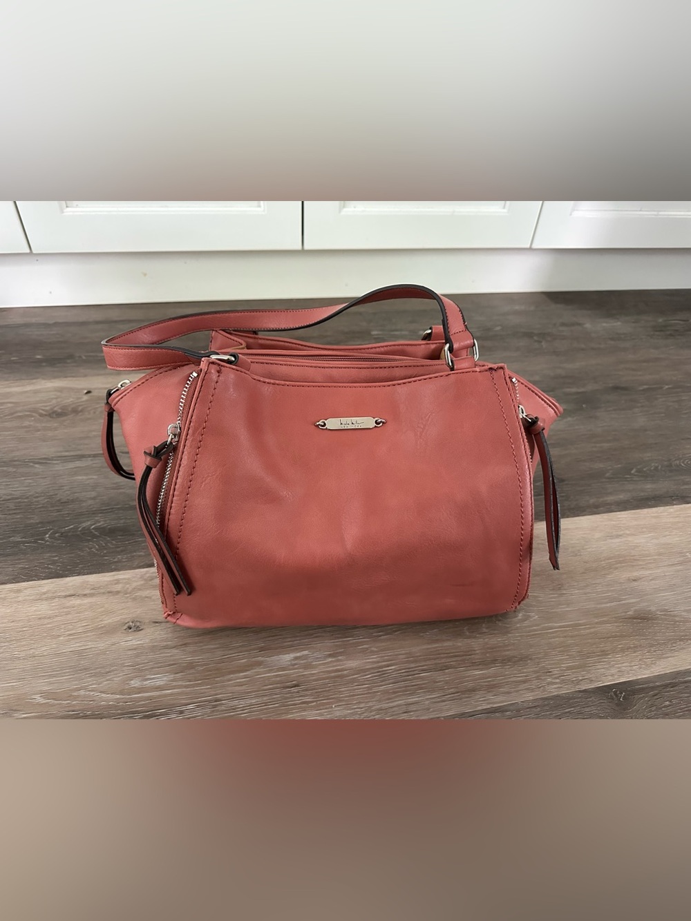 Nicole Miller Coral-Red Leather Satchel with Silver Hardware